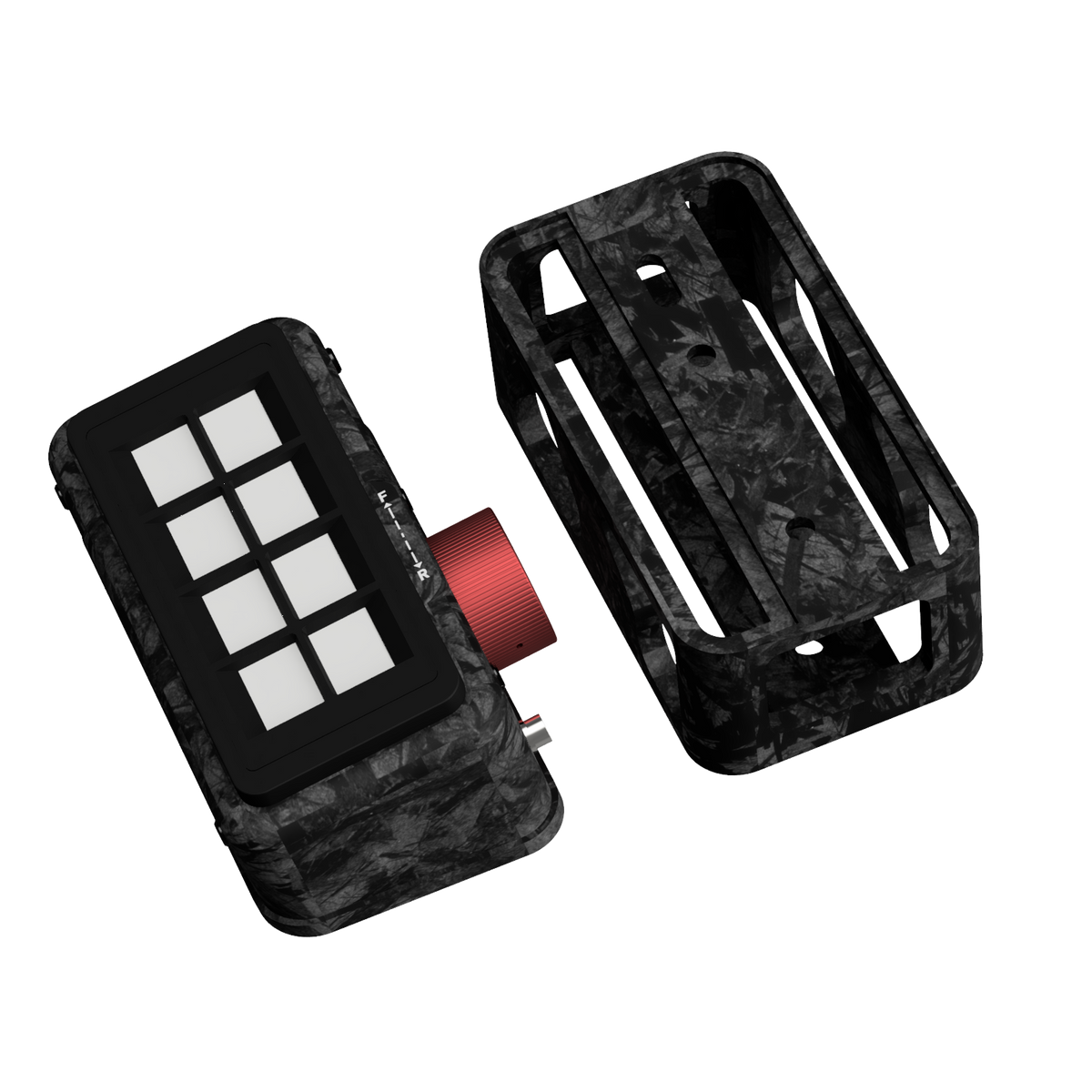 EPLAB BB2.2 CUP button box displayed beside its forged carbon-look bracket
