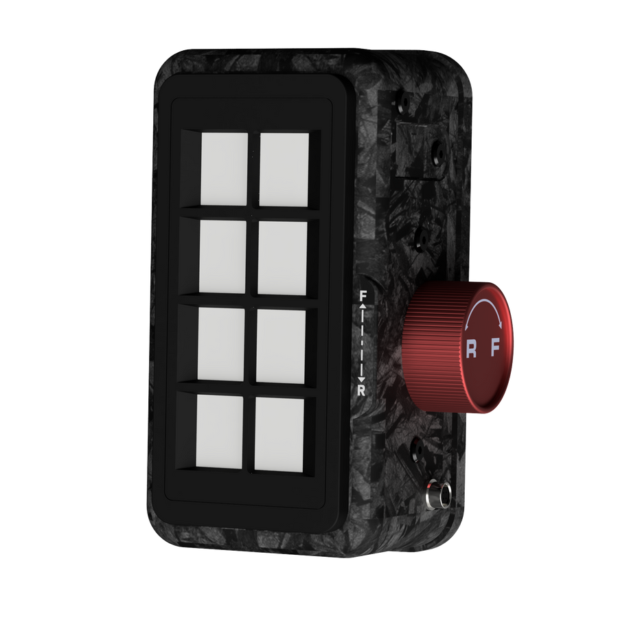 EPLAB BB2.2 CUP button box with eight white buttons, red brake bias knob and forged carbon-look housing