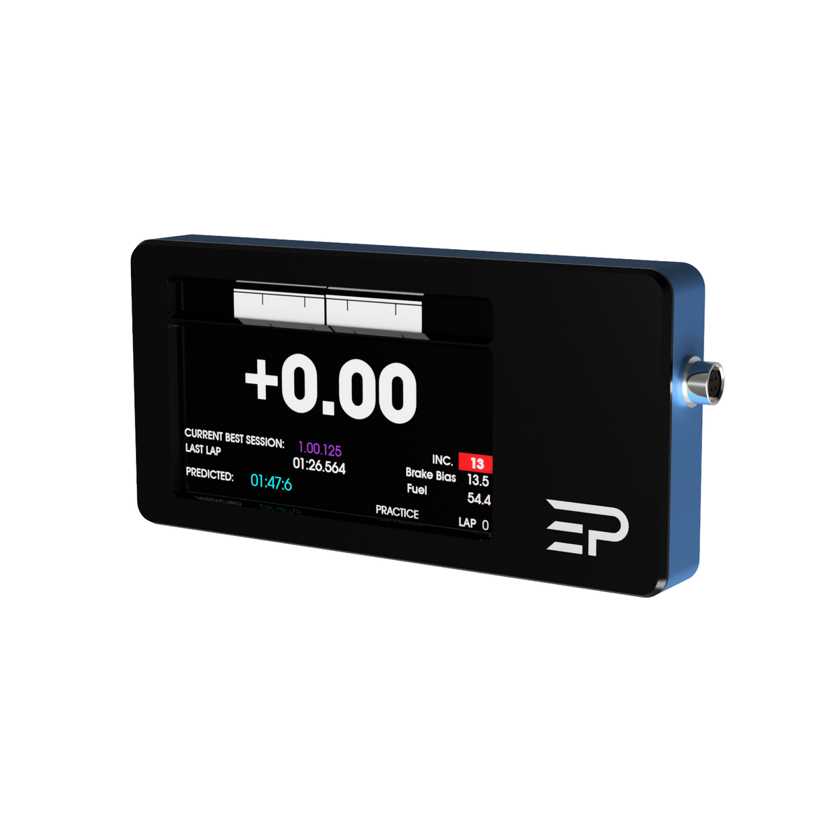 EPLAB RDP-X telemetry display in a blue housing showing a delta time screen