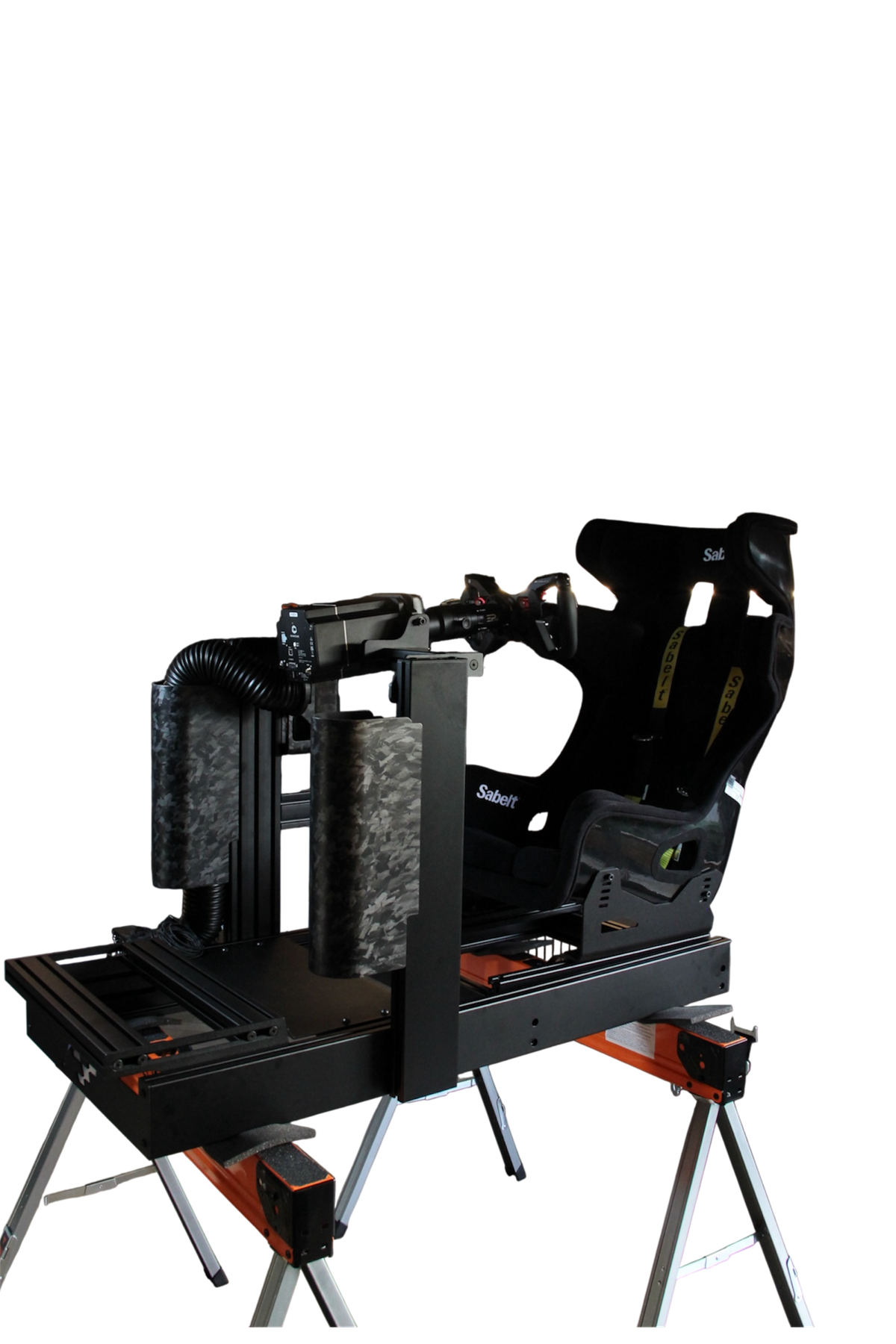 EPLAB Wind System Cover: Forged carbon-look covers installed on a complete sim racing rig